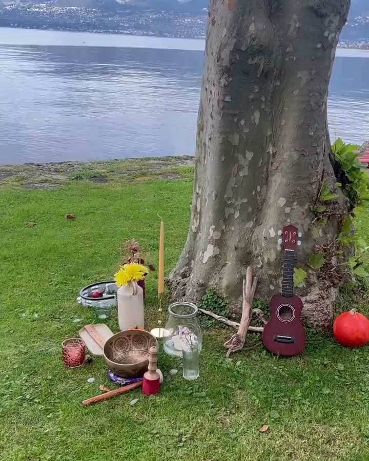 Avant la cérémonie de fin d'été, au bord du lac : un autel au pied d'un platane, puis des tapis et un mandala de fleurs et de courges sur une couverture rouge